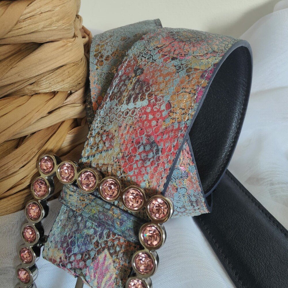 Ceinture reversible femme Motif "fleur tropicale" jean / Gris irisé